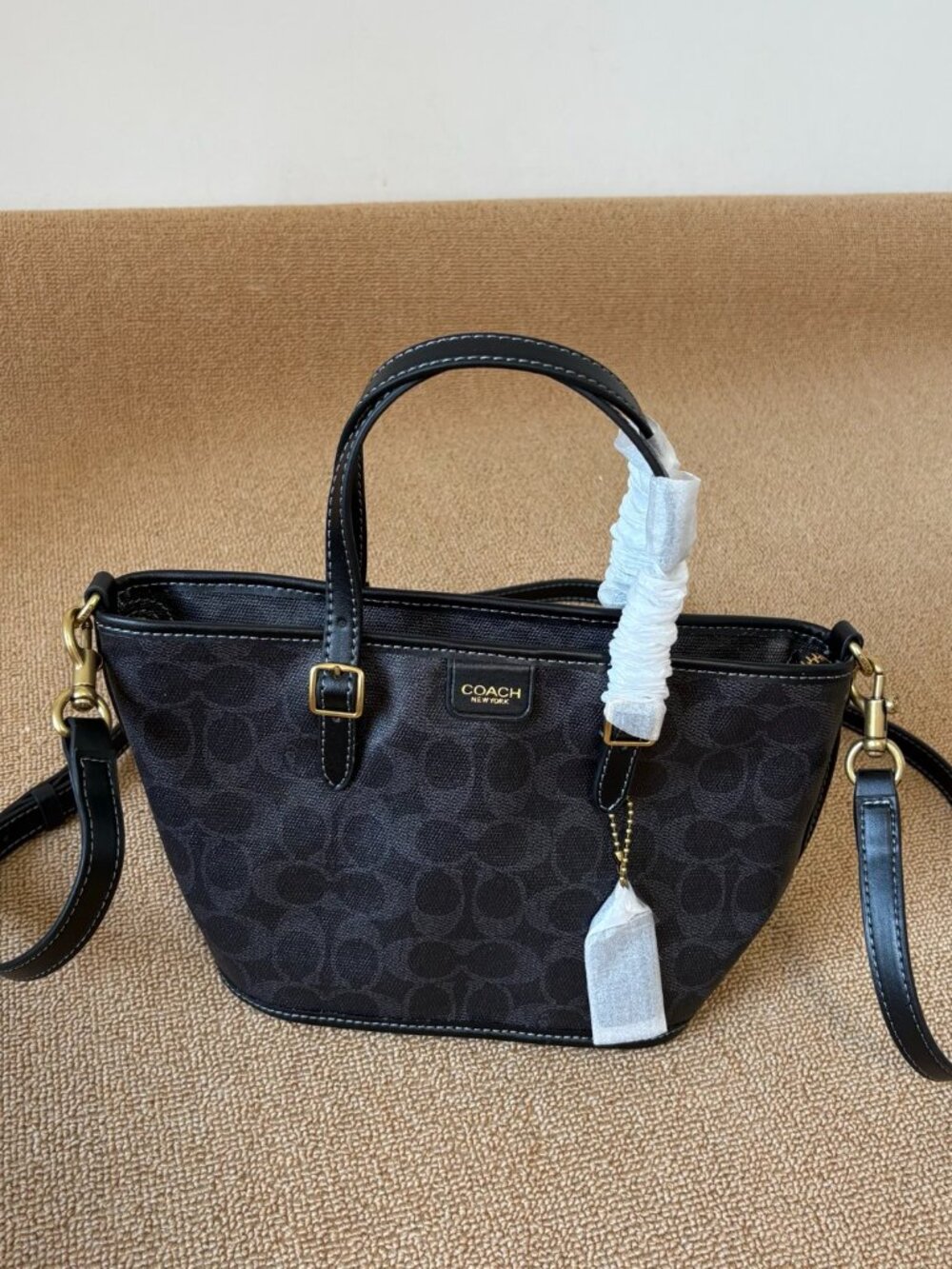 ✨Coach Dark Graphite Monogram Mini Tote Bag Black Leather Trim Purse